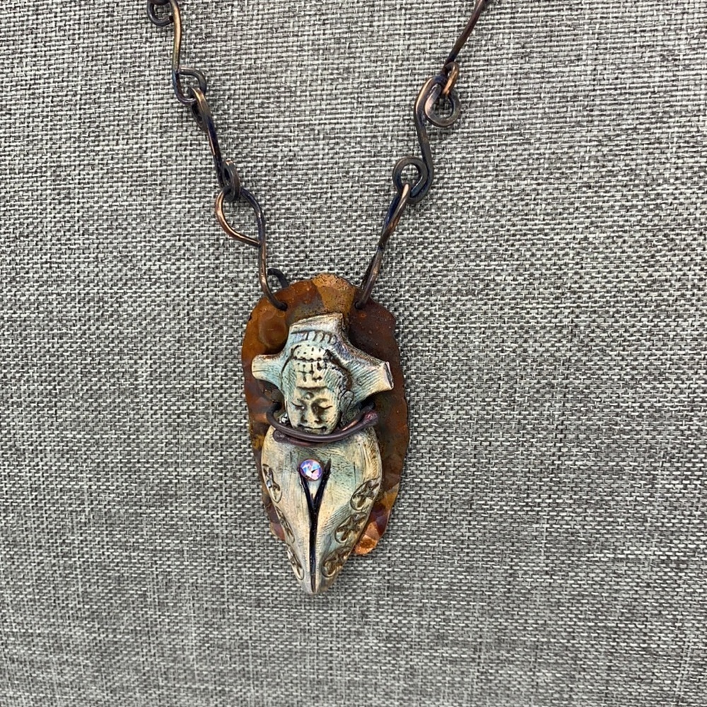 Buddha necklace copper polymer clay handmade chain